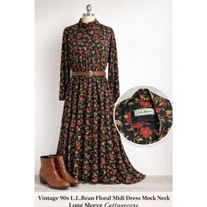 VTG 90s L.L.Bean Floral Maxi Dress Mock Neck Long Sleeve Cottagecore Prairie L